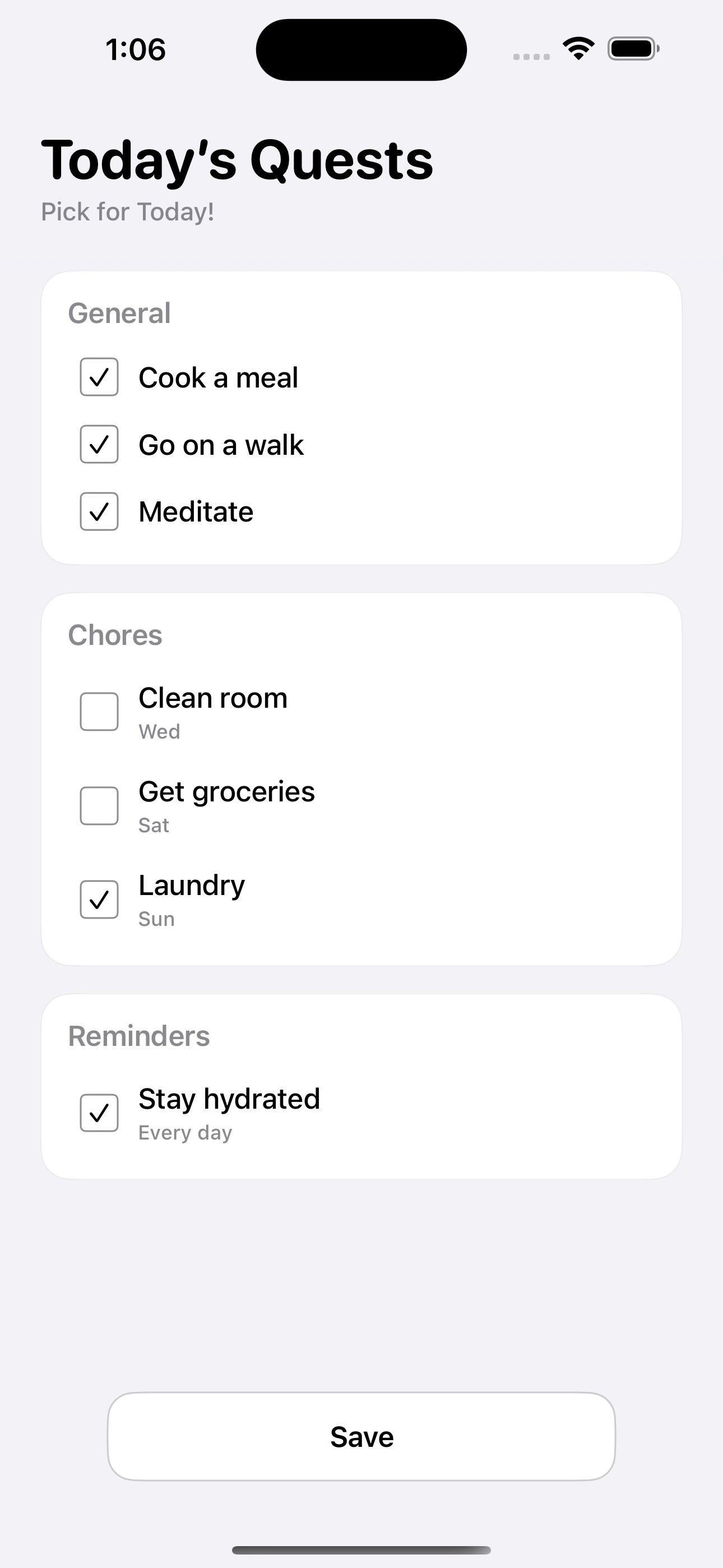 Daily Quest pick for today screen showing reusable quests grouped into General, Chores, and Reminders.