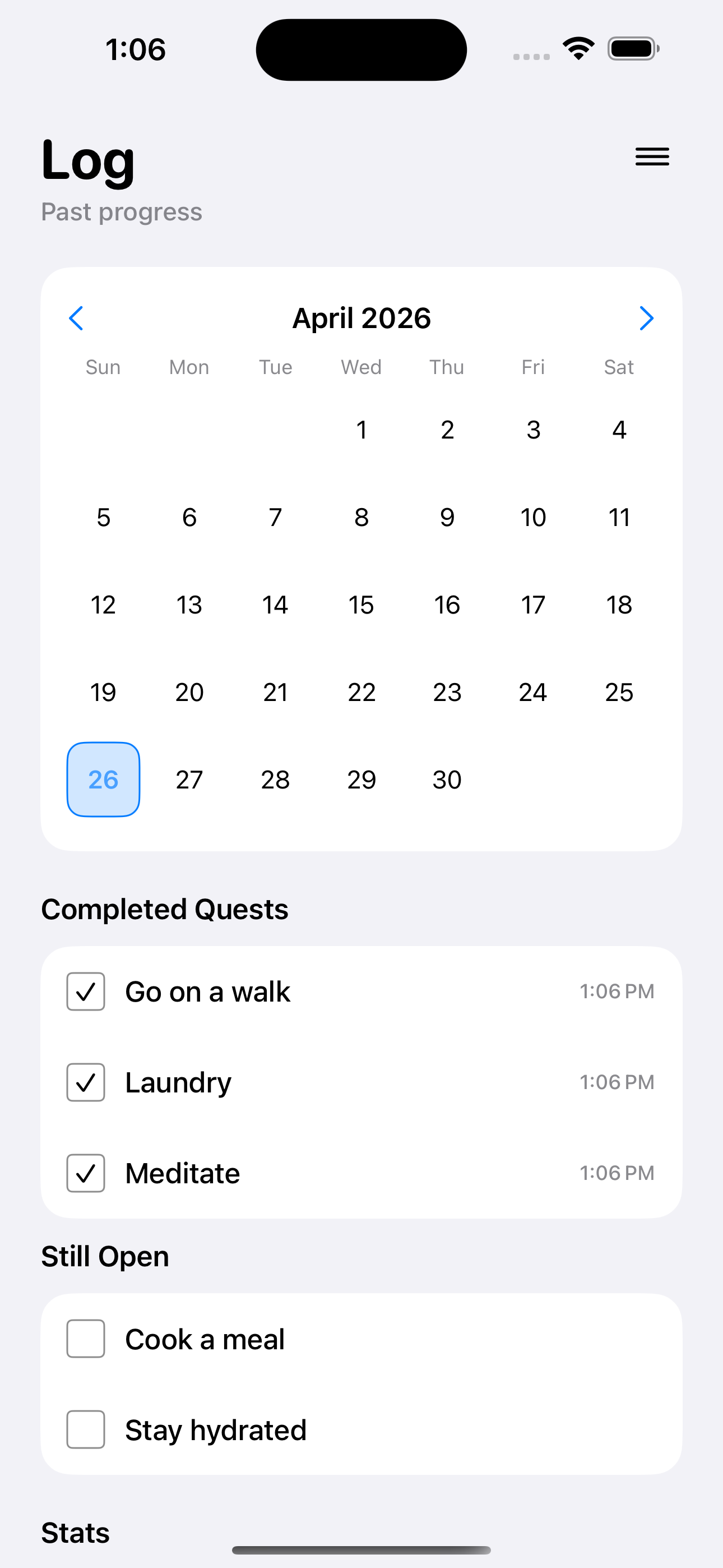 Daily Quest log screen showing the monthly calendar and completed and open quests for a selected day.